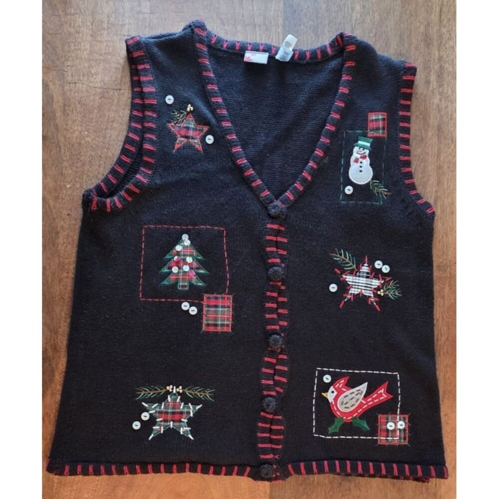 Holiday Edition  Knit Sweater Vest Womens L  Black Christmas Star Tree Beaded